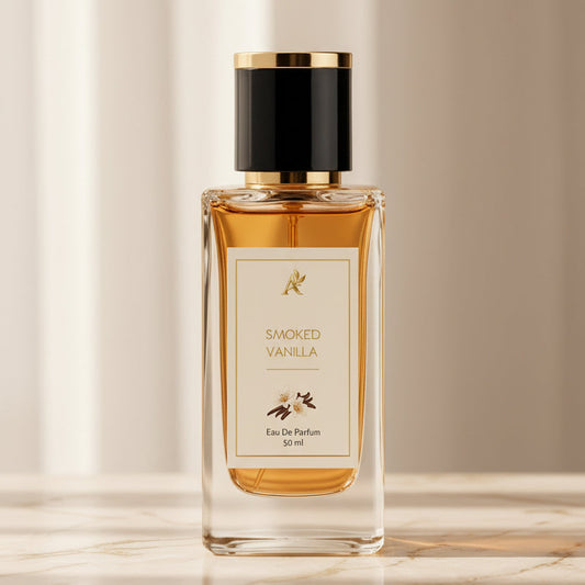 Perfume bottle labeled 'Smoked Vanilla' with vanilla beans and smoke effects on a beige background