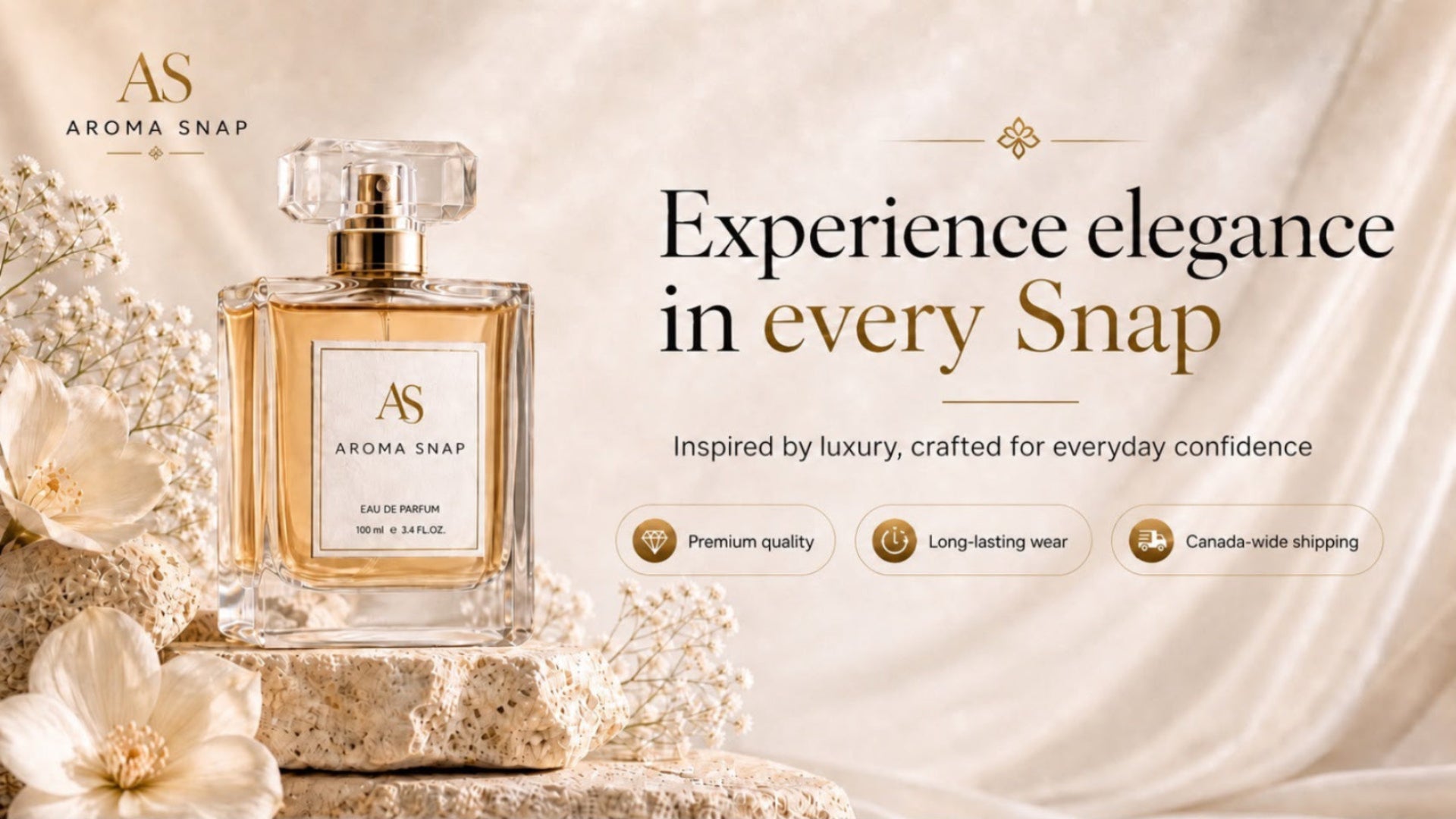 A bottle of Aroma Snap Eau de Parfum displayed on a stone pedestal with white flowers, set against a draped cream fabric background. The right side features promotional text reading 'Experience elegance in every Snap' with feature icons below.